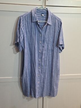 Women's Blue Stripe Short-Sleeve Linen Dress